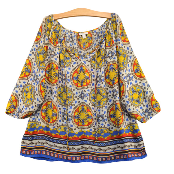 Charter Club Women's Tunic Top Blouse Multi Plus Size 1X Geometric Tie Neck - Picture 1 of 13